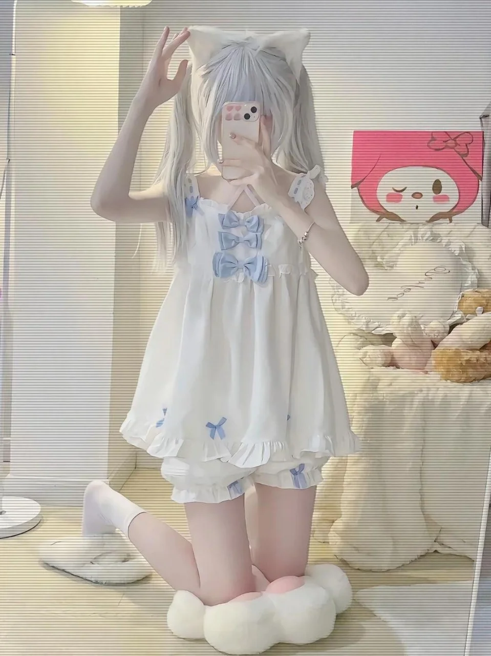 

Japanese Sweet Soft Girl flutter sleeve Pajama Set Summer Y2K Pull Out Strap Shorts Home Clothes Two Piece Set Millennium Style