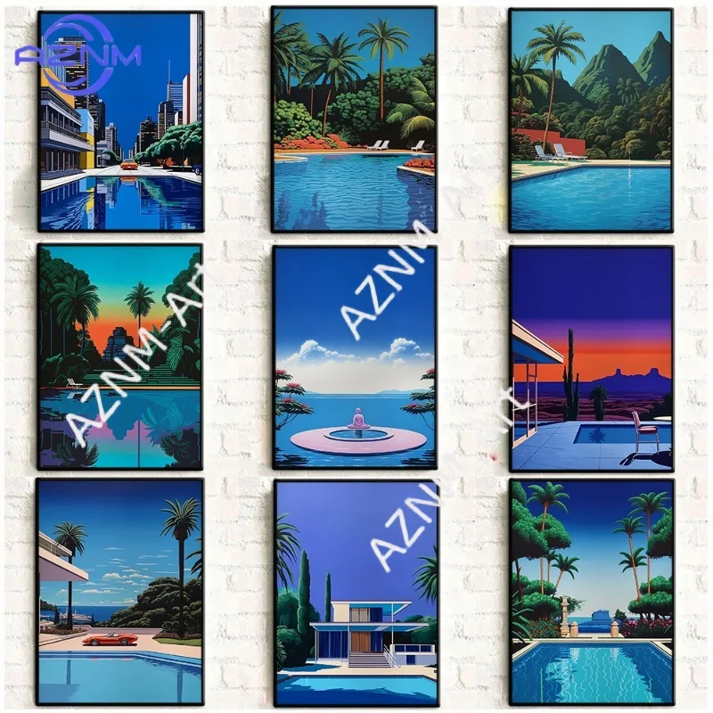 Vintage Hiroshi Nagai Pop Poster Retro 80's Beach Summer Pool Surrealism Canvas Painting   Wall Art for Living Room Home Decor