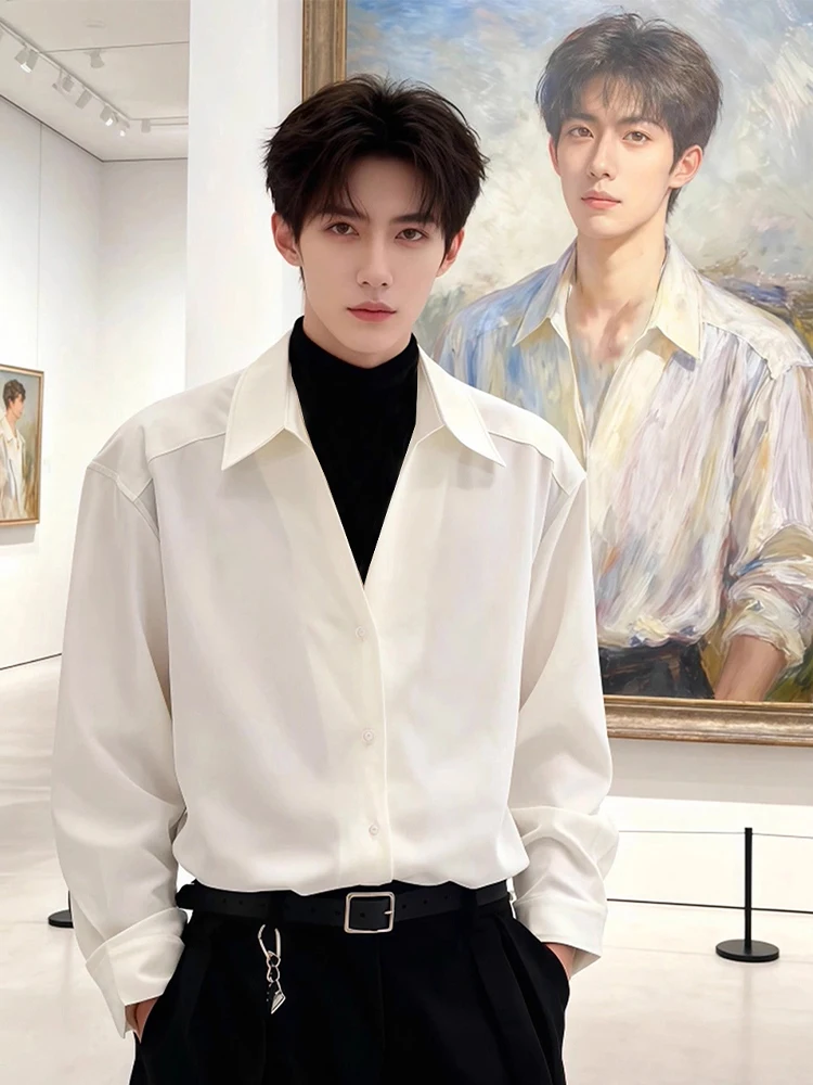 

White Long Sleeve Shirt Men's Style Spring Autumn Korean High-End Husband Feel Layering Inner Match Suit Shirt Handsome Coat