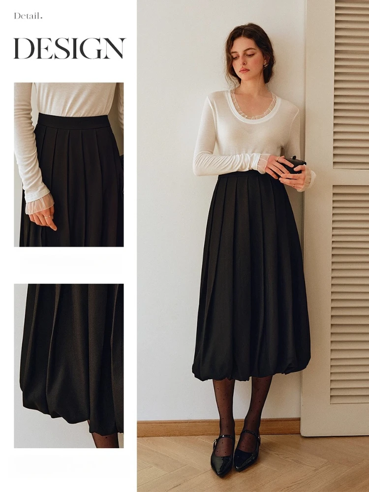 OLrain المرأة برعم تنورة 2025 الخريف جديد في عالية الخصر مطوي ميدي التنانير موضة عادية الصلبة فضفاض تنورة أنيقة O57QB001036