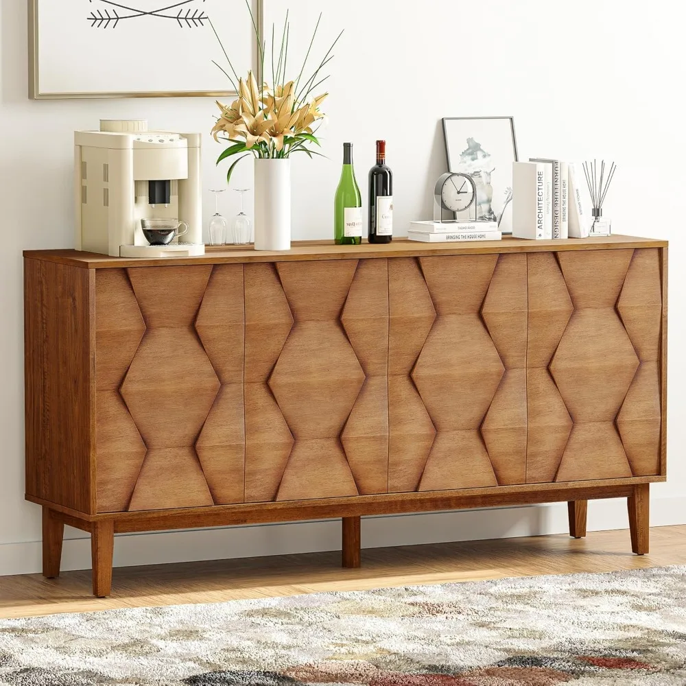 

Buffet Cabinet with Storage, 60” Modern Credenza with 4 Doors & Shelves, Wood Coffee Bar Accent Cabinet Media Console