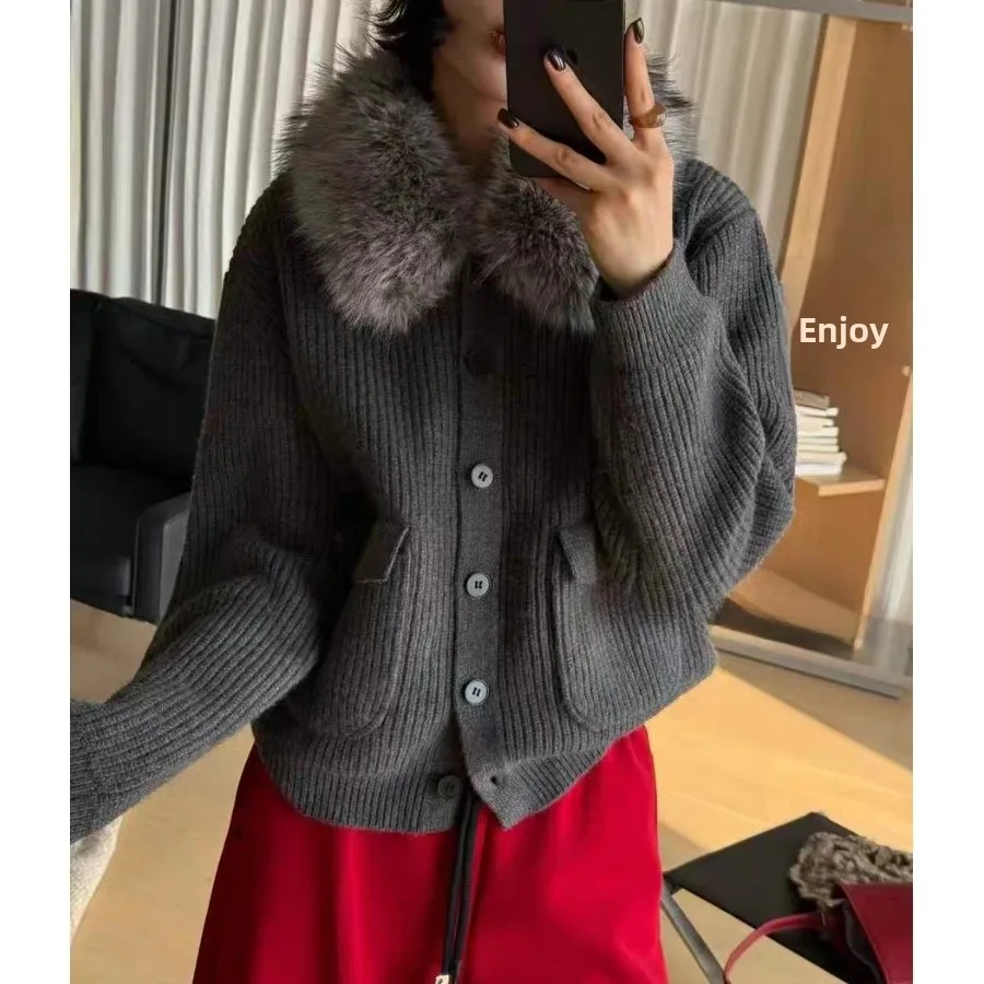

Women's Knitted Sweater Coat Detachable Fur Collar Lazy Sle Aosphere Faionable Knitted Top Korean Sle Autumn Winter V...