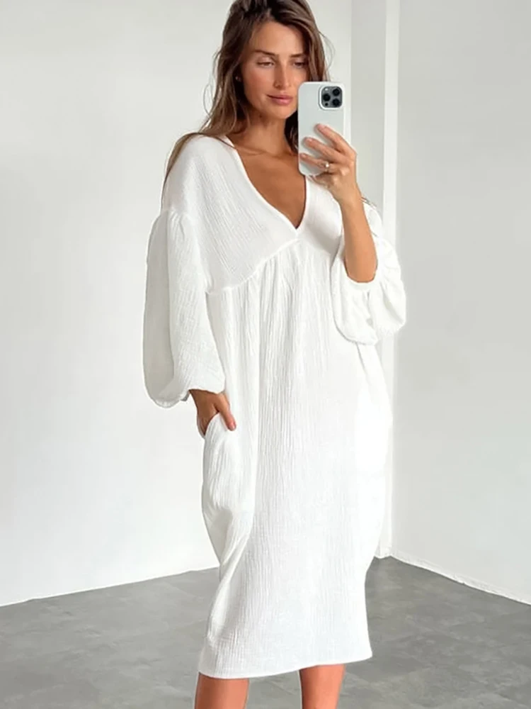 Linad Lantern Sleeve Night Dress Women Loose V Neck Sleepwear 2022 Autumn Cotton Woman Dresses Casual Pajamas Solid Elegant