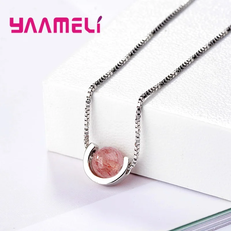 Nice 925 Sterling Silver Chains Natural Strawberry Quartz Pendants Necklace Collar Luxury Gift for Women Girls Christmas Gift