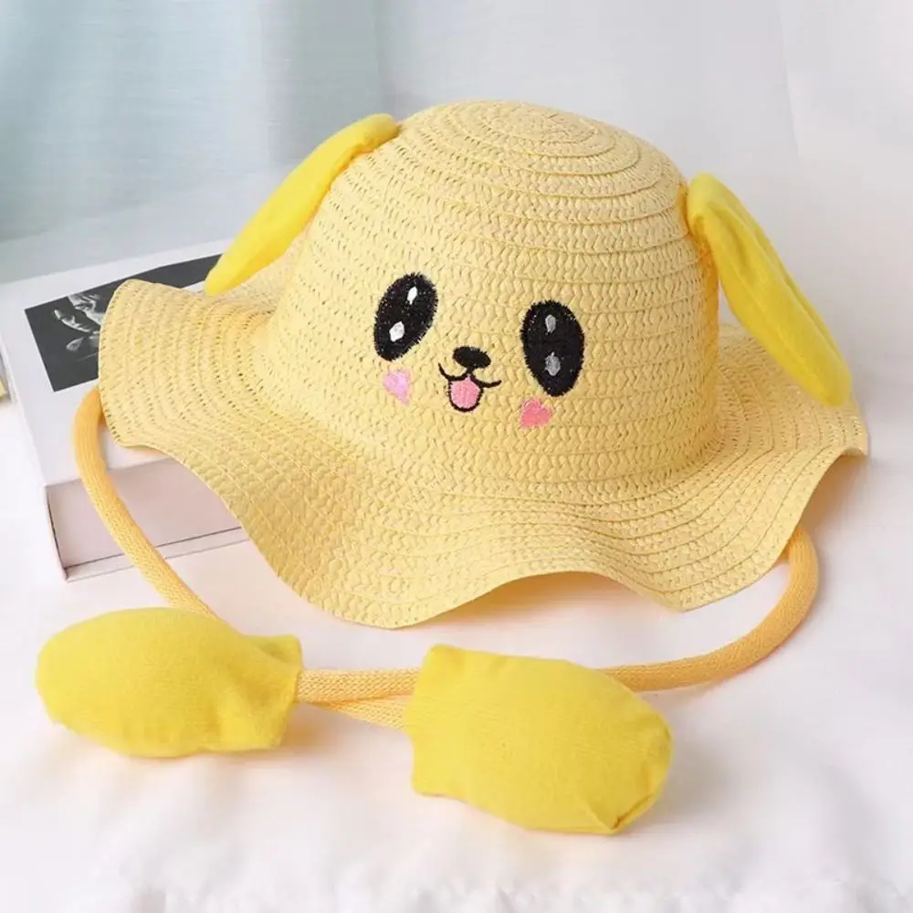 Sombrero de paja con sombrilla de oreja de conejo para niños, protector solar para el sol, sombrero de conejito móvil para fiesta de Cosplay,