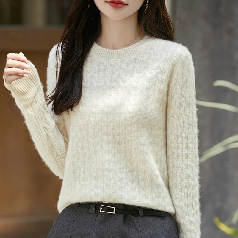 New Autumn Winter 100% Merino Wool Sweater Women O-Neck Pineapple Stitch Cable Knit Pullover Simple Versatile Knit Top