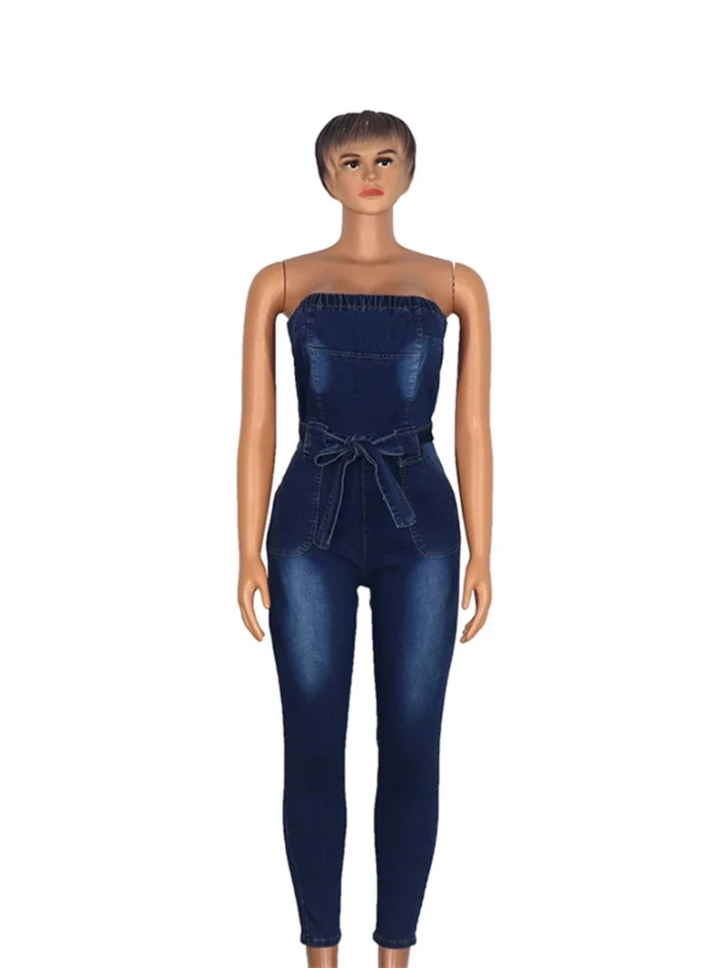 Sexy Strapless Denim Jumpsuit for Women Summer Clothes Sleeveless Bodycon Jean Pants Rompers Playsuits One Piece Overalls Outfit