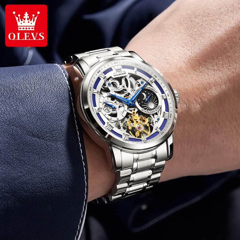OLEVS 6670 Original Man Watch Hollow Flywheel Moon Phase Automatic Mechanical Watches for Men Waterproof Luminous Men's Watches gallery 2