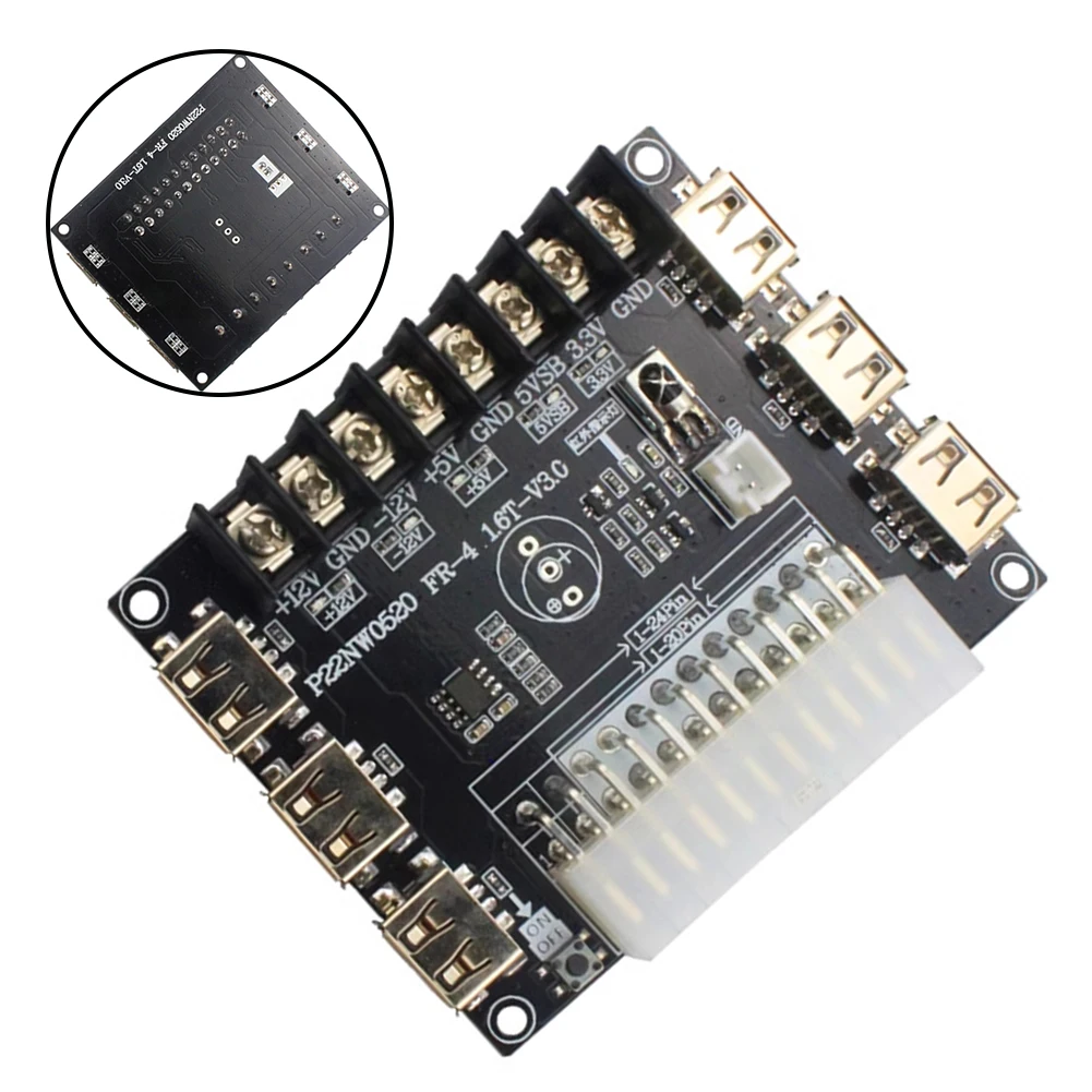 ATX Power Distribution Board for Computer PSU Reuse Featuring 6 USB Ports 5 Voltage Outputs and High-Current 300V 20A Terminals
