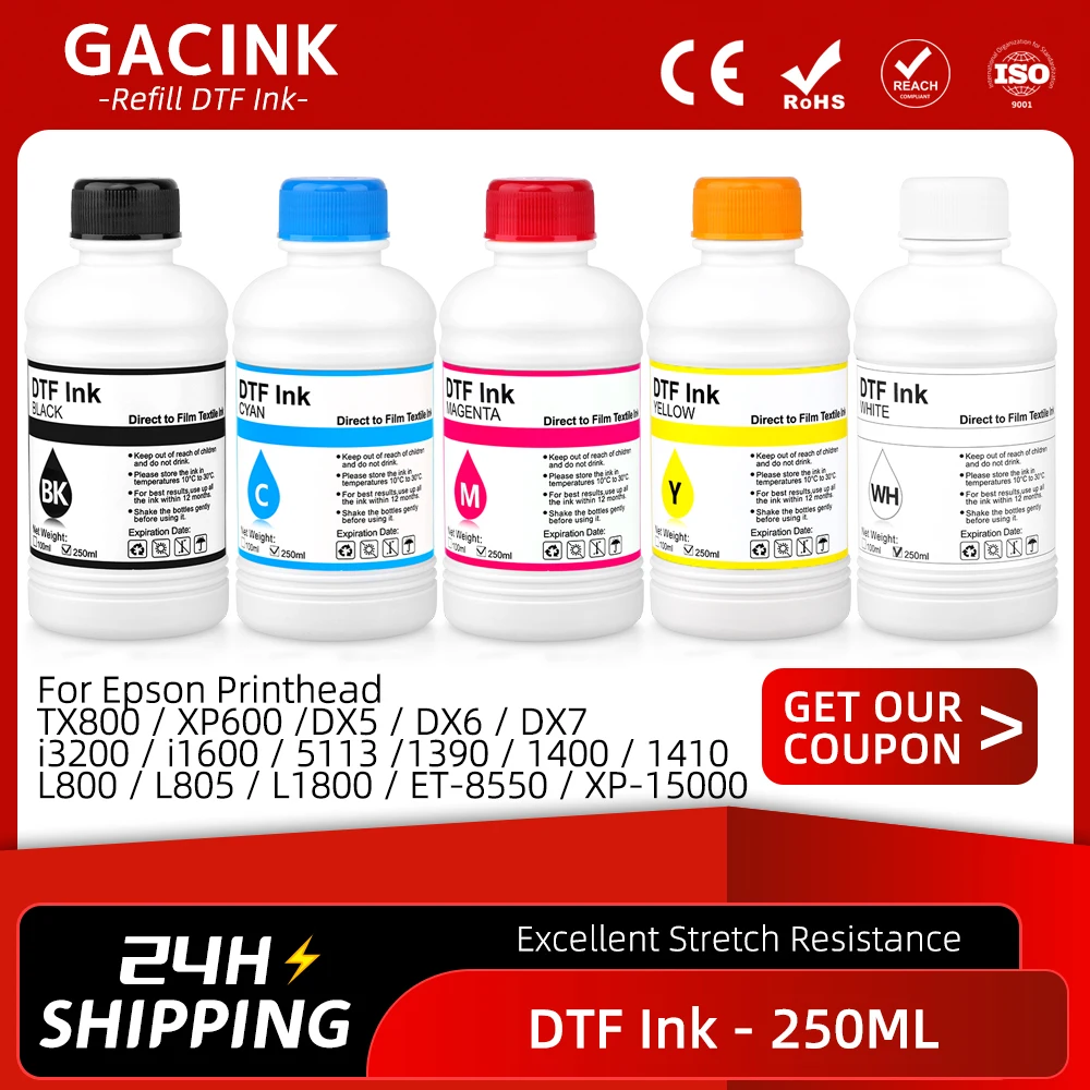 Kit de Tinta DTF 250ML para Impressão de Transferência em Camisetas para Epson L800 L1800 XP-15000 XP600 TX800 P600 P608 P800 DX5 DX7 i3200 4720