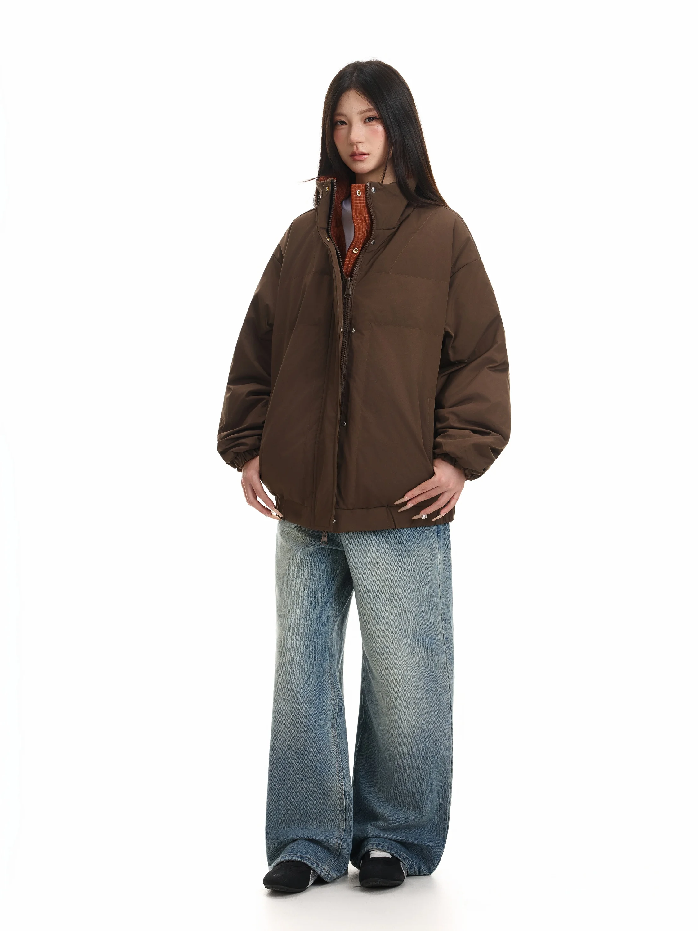 

ex Thiened Bread Cotton Jaet Double-Sided Wear Stand Collar Warm Coat for Winter Japanese Sle Loose Fit Zipper Closure