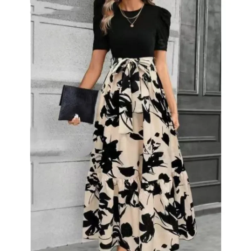 

Short Dress Women Round Neck Dress with Elegant Floral Print, Exotic Vacation Style, Spring and Summer New Collection