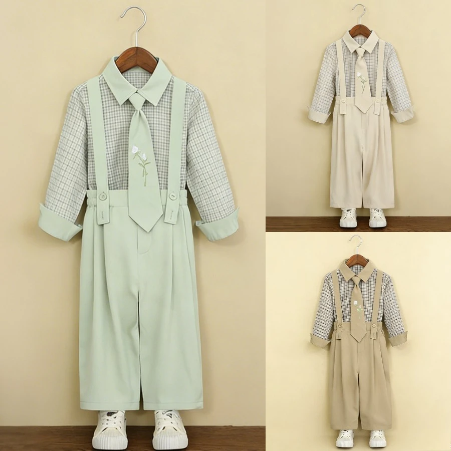

Boys Suspender Suit Set Teen Kids Plaid Shirt with Tie & Wide Leg Pants Children Formal Outfit for School/Wedding/Party 4-12 Y
