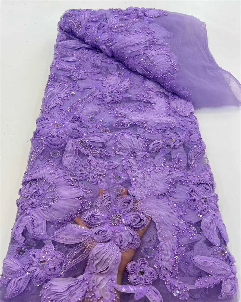 

African Sequins Beaded Lace Fabric High Quality Sequence Embroidery French Nigerian Lace Fabric for Wedding Dress