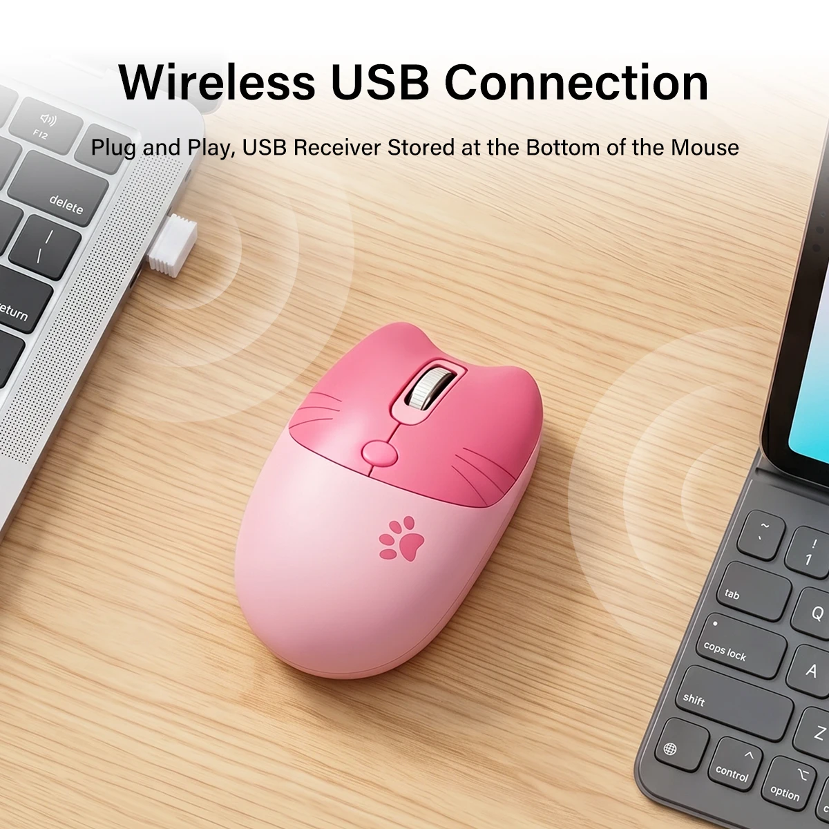 MOFii Pink Cat Wireless Mouse, 2.4G Plug and Play Cute Cartoon Optical Mouse, Portable Ergonomic Mice for Women Office Use