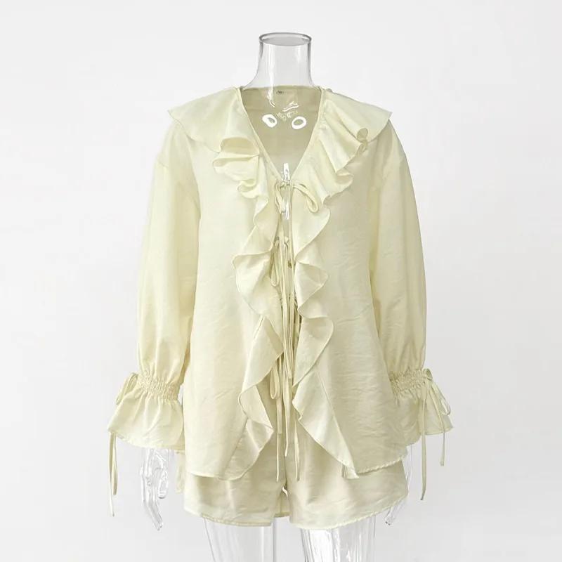 Férias de verão manga longa plissado rendas até chiffon shorts terno feminino casual decote em v sólido solto shorts conjunto 2025 feminino novas roupas
