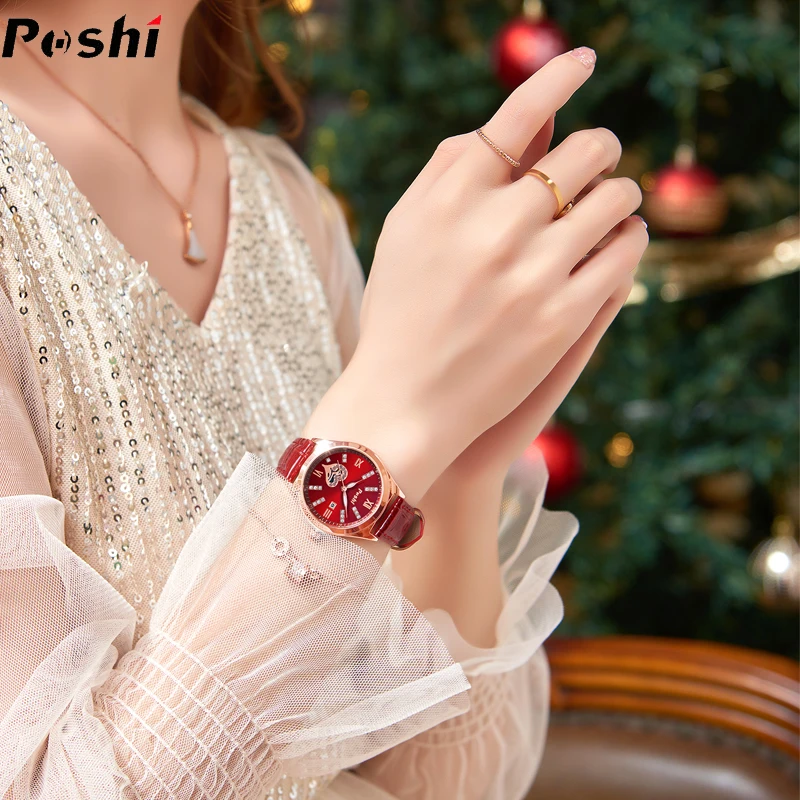 POSHI Top Brand Women's Watch Luxury Leather Strap Quartz Movement Fashion Wrist Watches with Date Simplicity Relogio Feminino