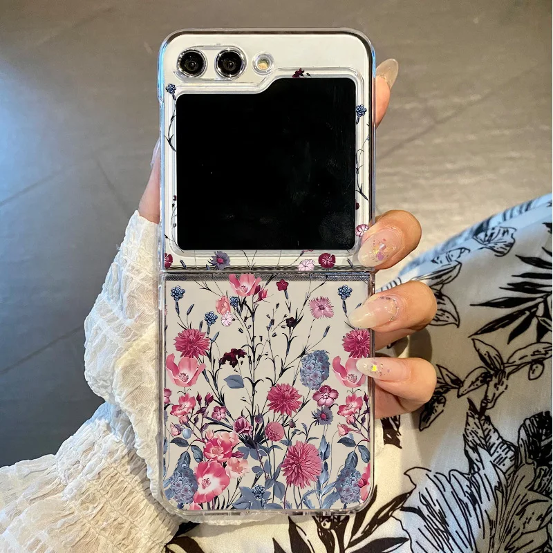 Retro Blumen Klare Telefon Fall Für Samsung Galaxy Z Flip 5 6 3 4 5G Stoßfest Falten Harte rückseitige Abdeckung Für Samsung Z Flip5 Flip6