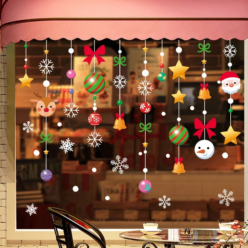 Christmas Glass Window Stickers Removable Cartoon Santa Claus Snowflakes Pattern Decals Christmas Decorations Supplies