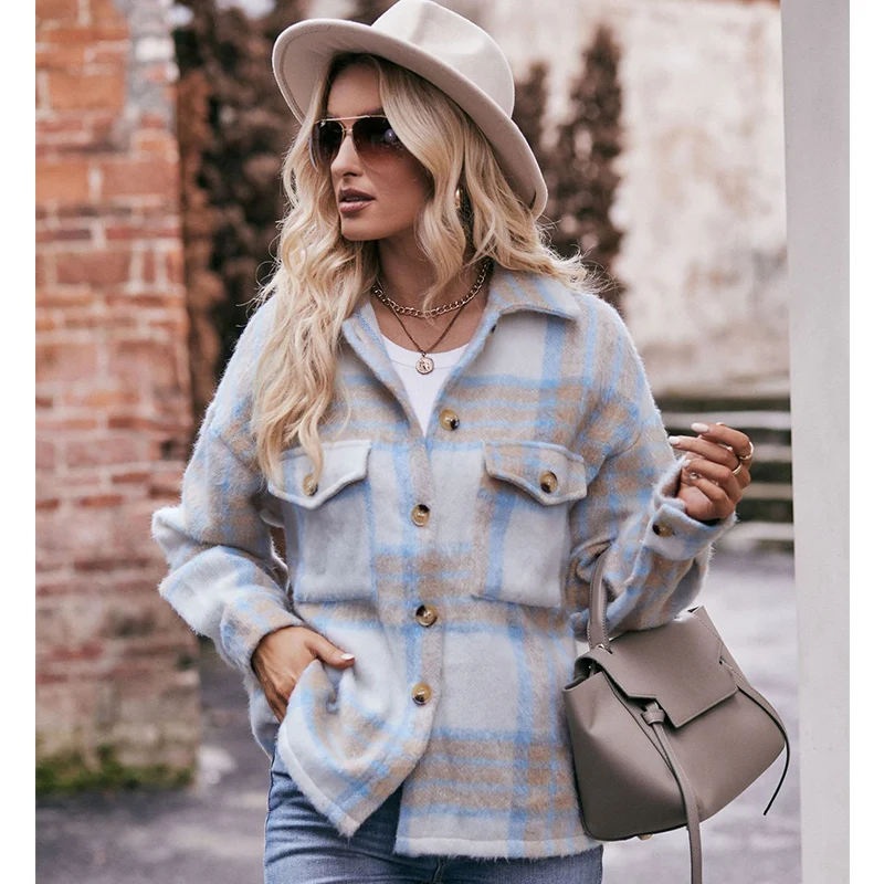 Autumn Winter Fashion Plaid Thick Coats Lady All Match Vintage Tops Women Loose Chic Casual Female Clothes Long Sleeve Outerwear