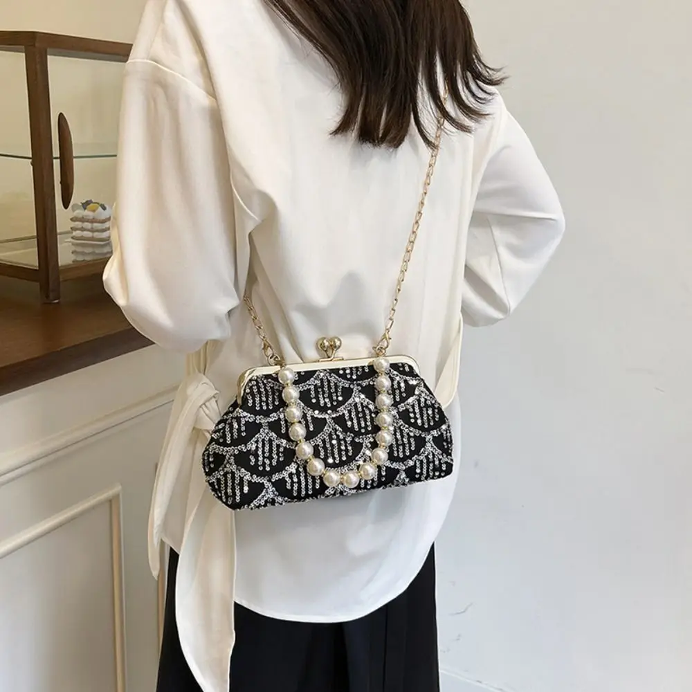 

Casual Pearl Sequin Banquet Bag Kiss Lock Sweet Hanfu Clutch Bag with Handle Elegant Ladies Shell Bag Banquet