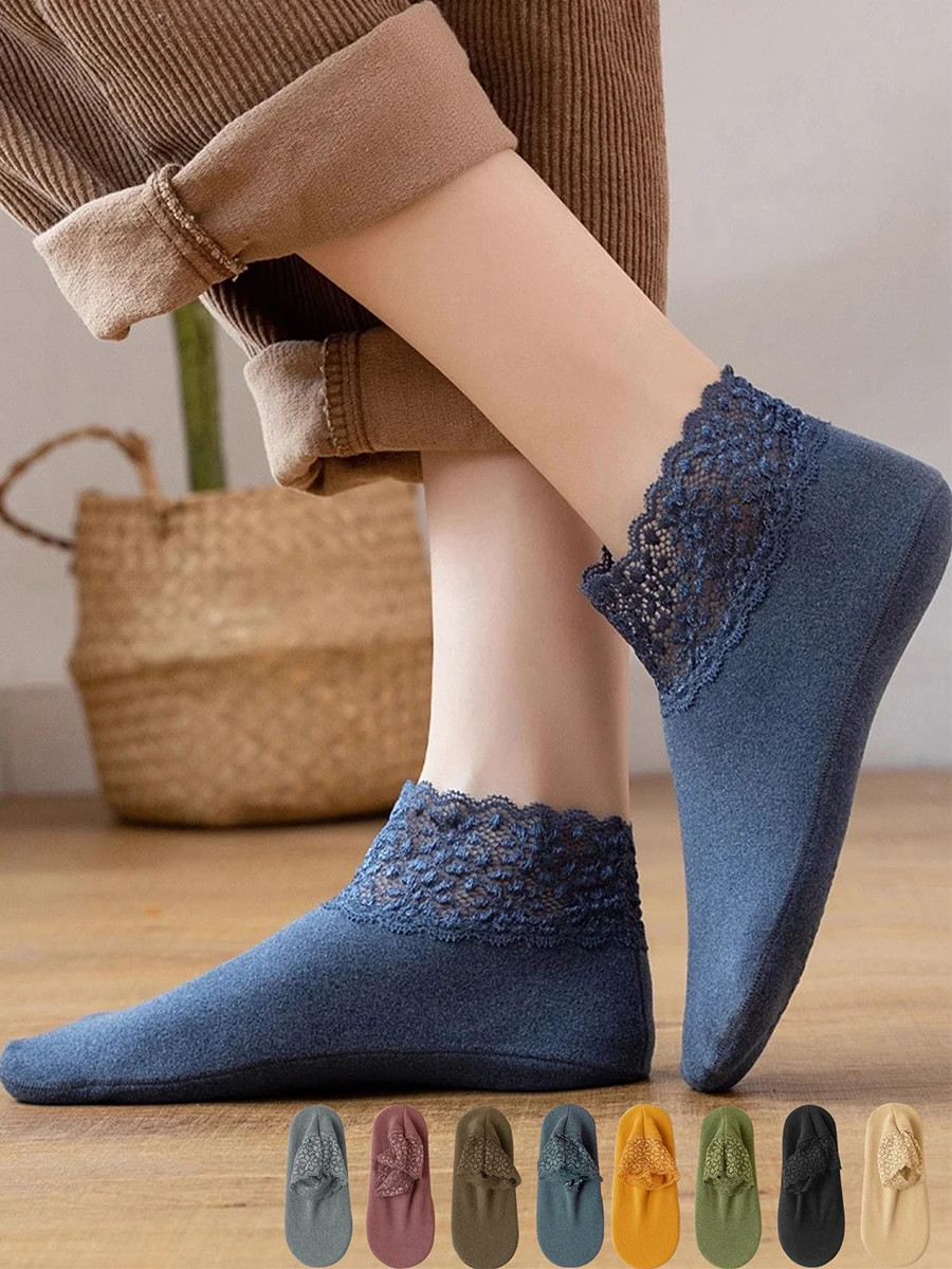 Calzini termici da donna a tubo basso in pizzo Calzini da pavimento per la casa caldi e spessi vintage carini e spessi Calzini antiscivolo per l'autunno inverno