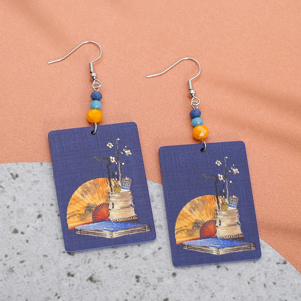 New Fashion Ethnic Style Blue Acrylic Print Fan Pen Holder Vintage Elegant Earrings For Women Aesthetic Lightness Girls Jewelry