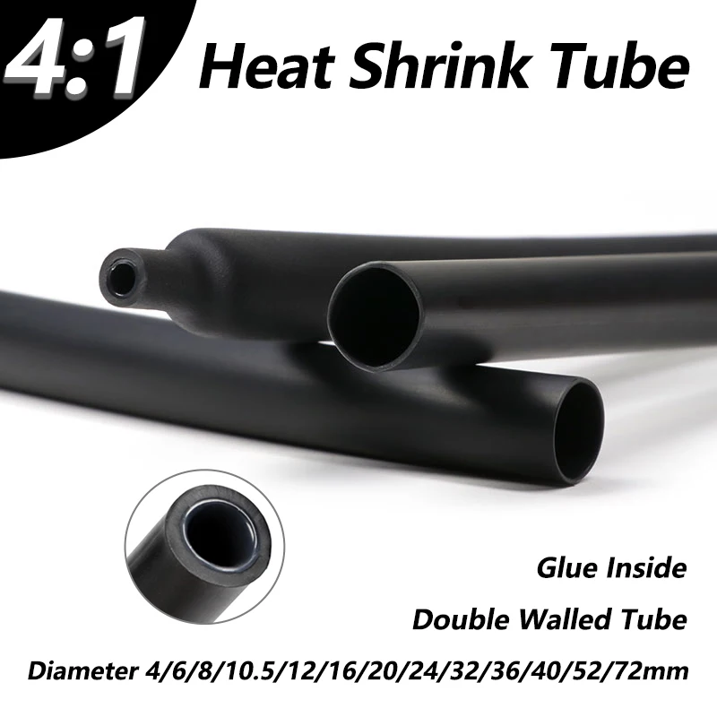 4:1 Black With Glue Heat Shrink Tube 4 6 8 12 16 20 24 40 52 72mm Diameter Adhesive Lined Wrap Dual Wall Tubing Wire Protector