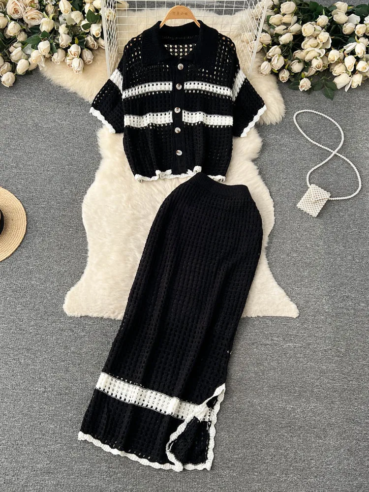 Spring Summer Hollow Out Beach Suits 2023 Vintage Lapel Neck Knit Loose Top+Long Split Skirt Sets Knitted Casual Two Pieces Sets