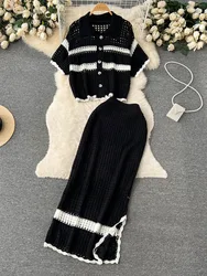 Spring Summer Hollow Out Beach Suits 2023 Vintage Lapel Neck Knit Loose Top+Long Split Skirt Sets Knitted Casual Two Pieces Sets