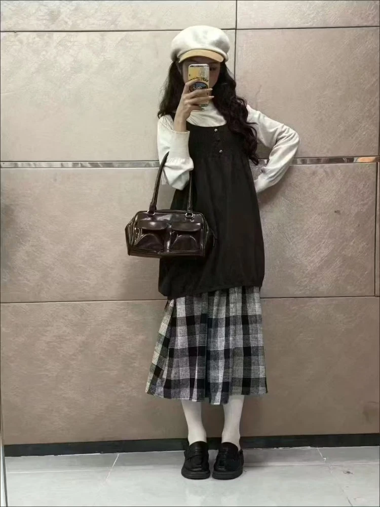 Y2k Japan Style Kawaii 3 Piece Skirt Sets Women 2000s Harajuku Vintage Sweet Suits Autumn Tops + Loose Camis + Plaid Midi Skirts
