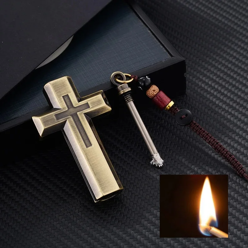

Cross Shape Metal Lighter with Necklace Windproof Outdoor Survival Kerosenes Fire Starter Portable for Men's Collection