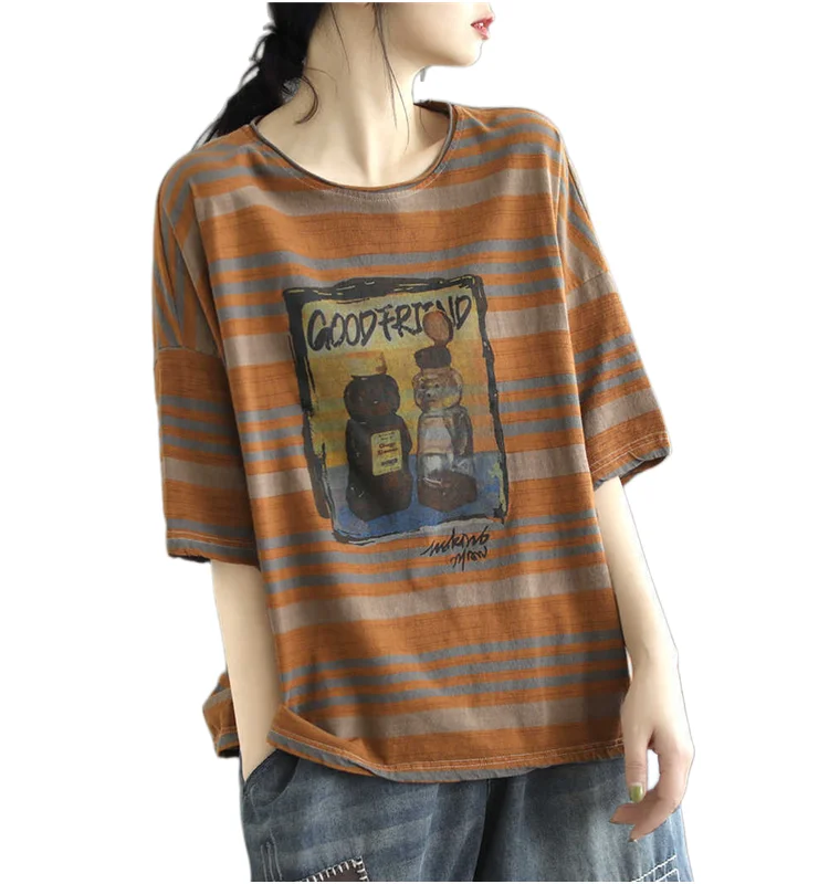 تي شيرت نسائي مخطط من القطن الخالص ort Sve مطبوع فضفاض أمريكي Sle توب عصري ماركة أزرق مقاس كبير ريترو كوموت...