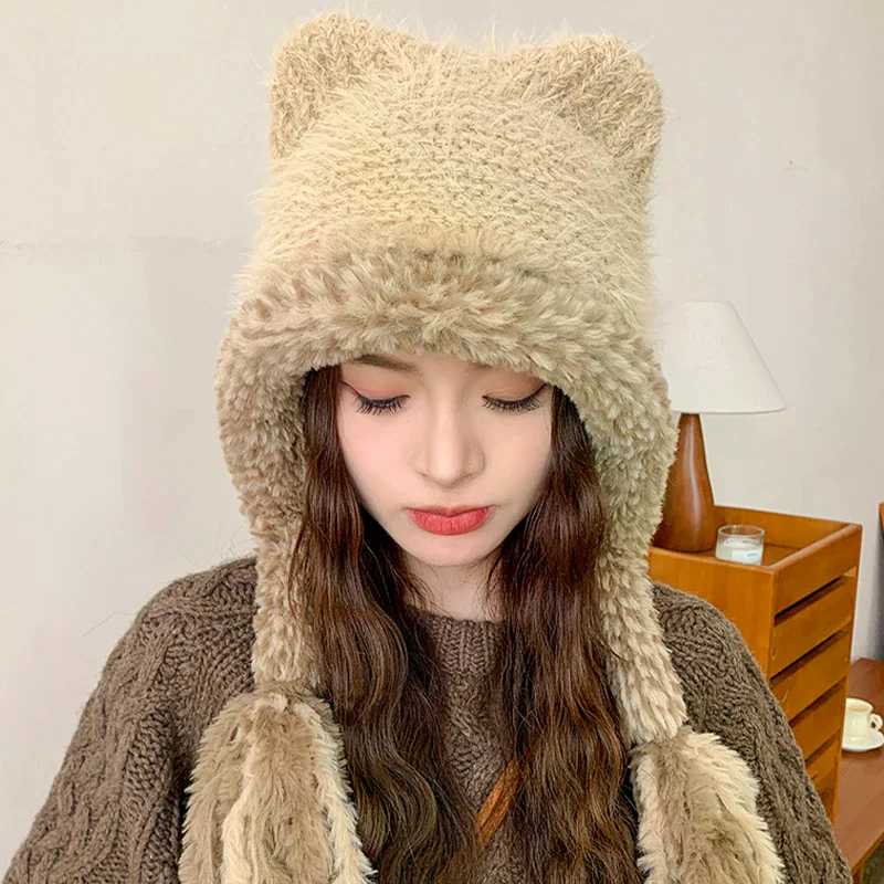 New Winter Windproof Warm Cute Bear Ear Knit Hat With Soft Ear Protection