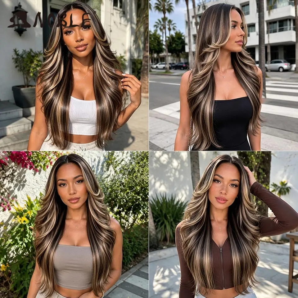 Noble 28 Zoll Synthetische Lace-Front-Perücken für schwarze Frauen, 13x4, vorgezupft, geschichtet, Ombre Braun-Blond mit Highlights, Perücken für den täglichen Gebrauch – Detail 4