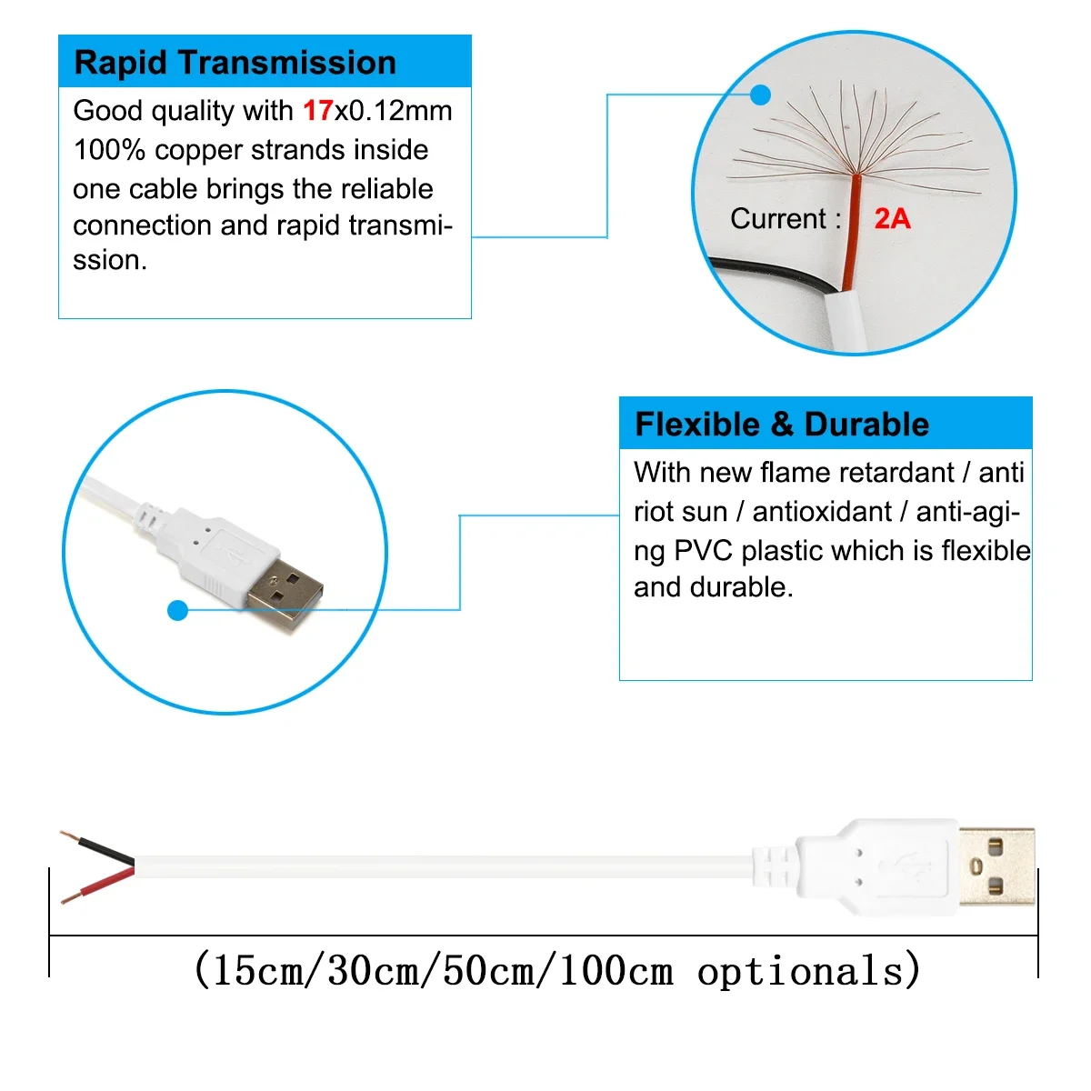 USB 2.0 Male Plug 15/30/50/100cm DIY Pigtail Cable 2pin USB Power Cable For usb Equipment Installed DIY Lights  Power LED Strips