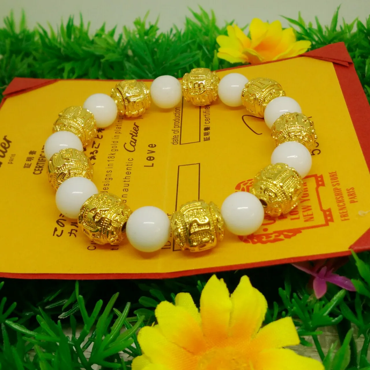 

Fashionable 24K mens six-character mantra transfer bracelet gold 999 jewelry gold bracelet white pearl bracelet