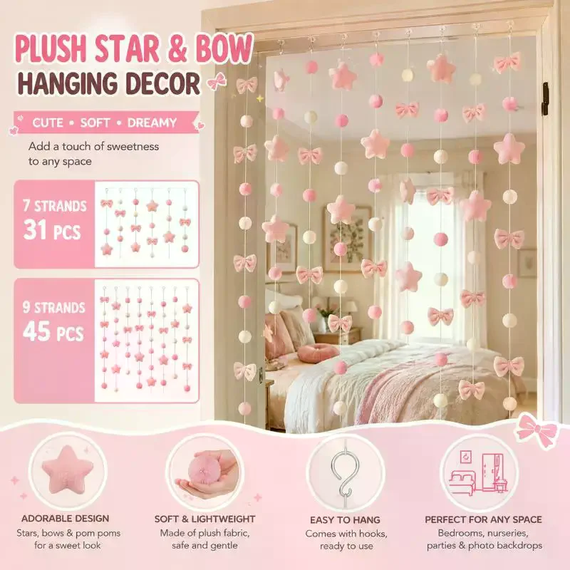 Cute Pink Plush Heart Hanging Decor 26Pcs Soft Fluffy Ornaments with Free Strings for Teen Girl Bedroom Dorm Decoration