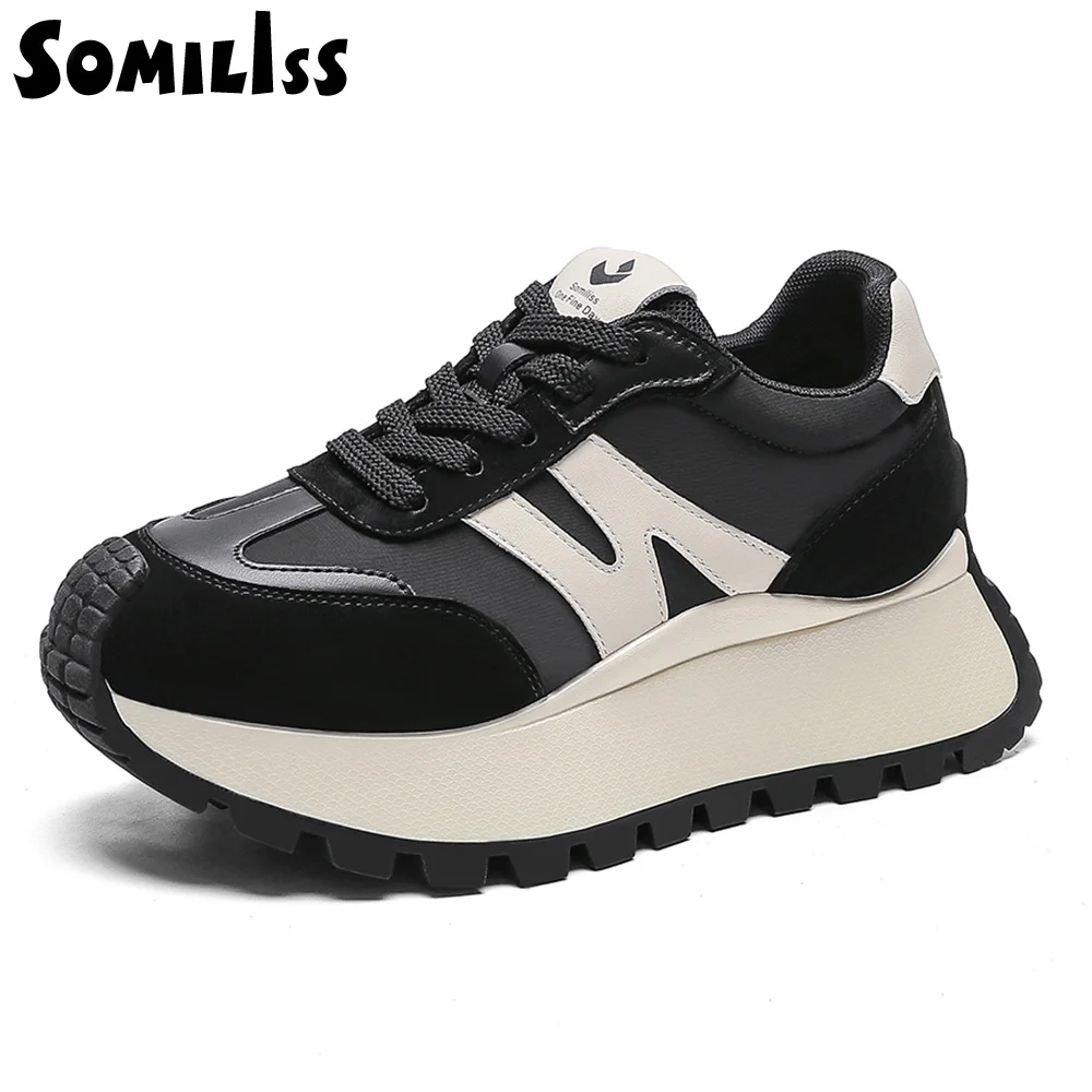 SOMILISS Women Platform Sneakers Pig Sude Satin Cloth Patchwork Lace-Up Round Toe Ladies Casual Sneakers Designer Brand Shoes