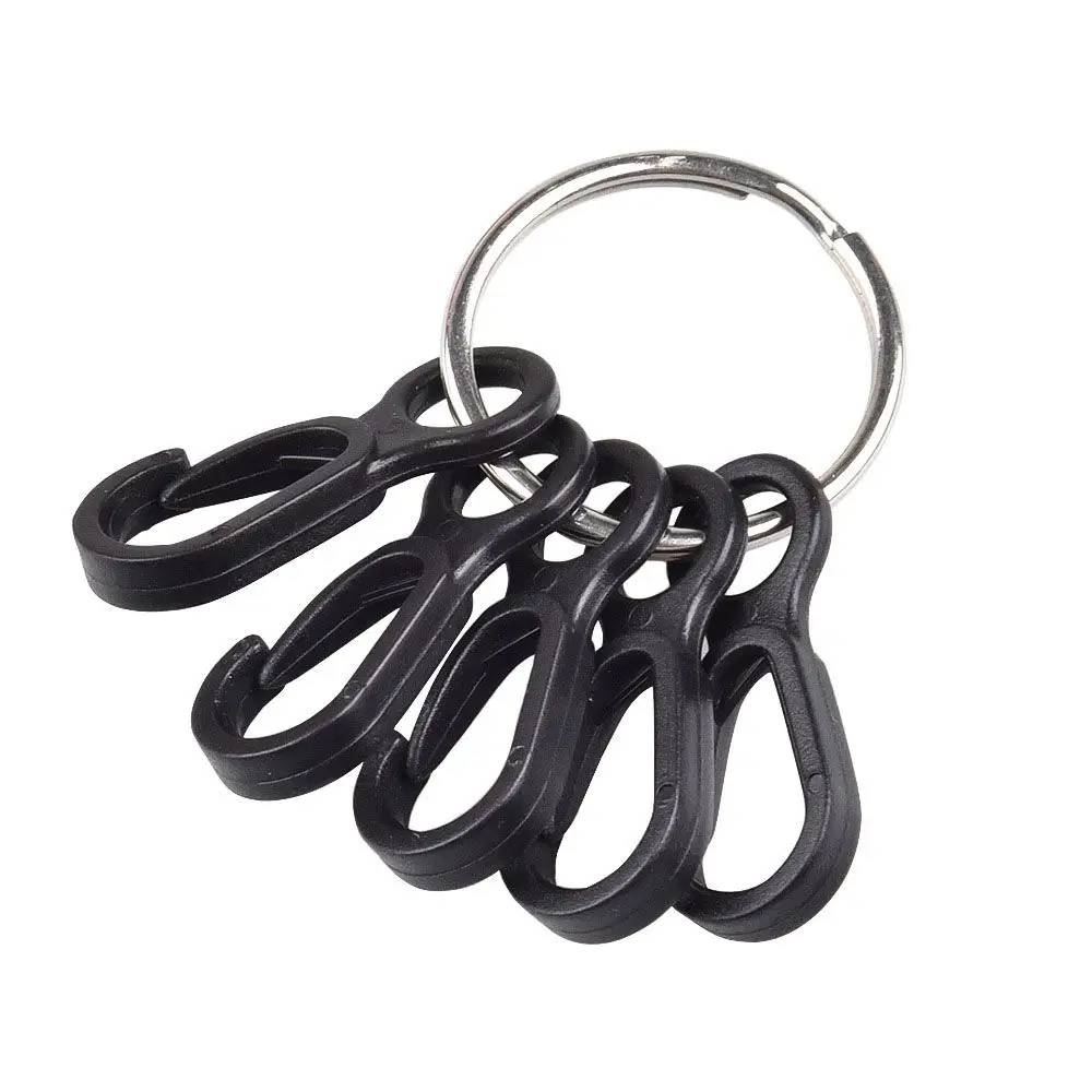 Paquete de tienda de campaña, gancho negro de plástico de 3,5 cm, llaveros de liberación rápida, Clip de resorte, Mini mosquetón, cordón