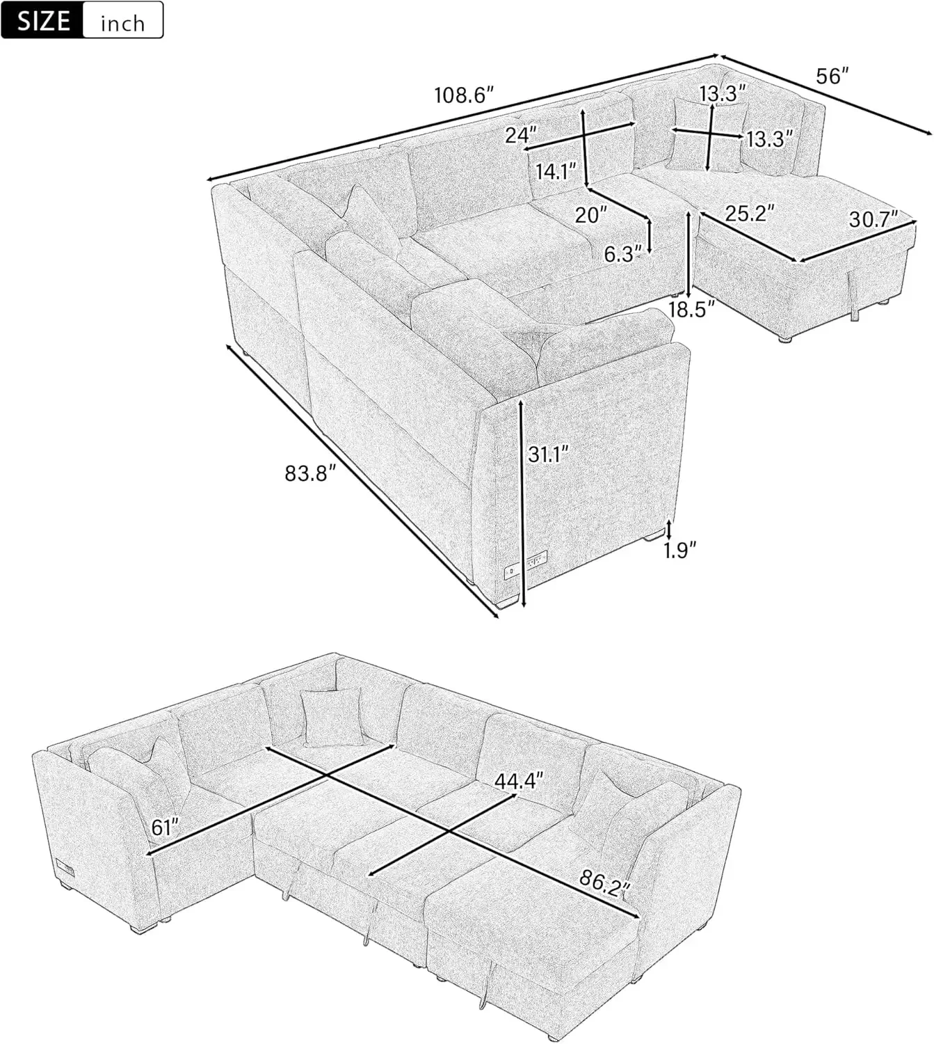 U-Shaped Large Sectional Sofa  Pull Out Sofa Bed with USB Ports & Power Sockets, Sleeper Sofa Couch with Storage Chaise