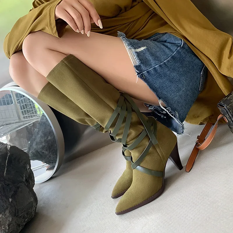 Pointed-Toe Chunky Tapered Heel Boots Nubuck Lace-Up Rider Botines Catwalk Women Knee High Botas Femininas Zapato De Tacon