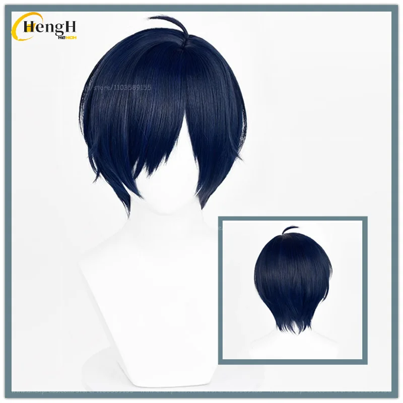 

In Stock Game P3 Yuuki Makoto Synthetic Hair Short 28cm Blue Black Cosplay Anime Wig Heat Resistant Hair Party Wigs + A Wig Cap