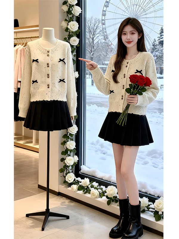 

Knot Knitted Cardigan Sweater Women Slimming Pleated Skirt Two-Piece Set Comfortable ort Sve Winter Faion