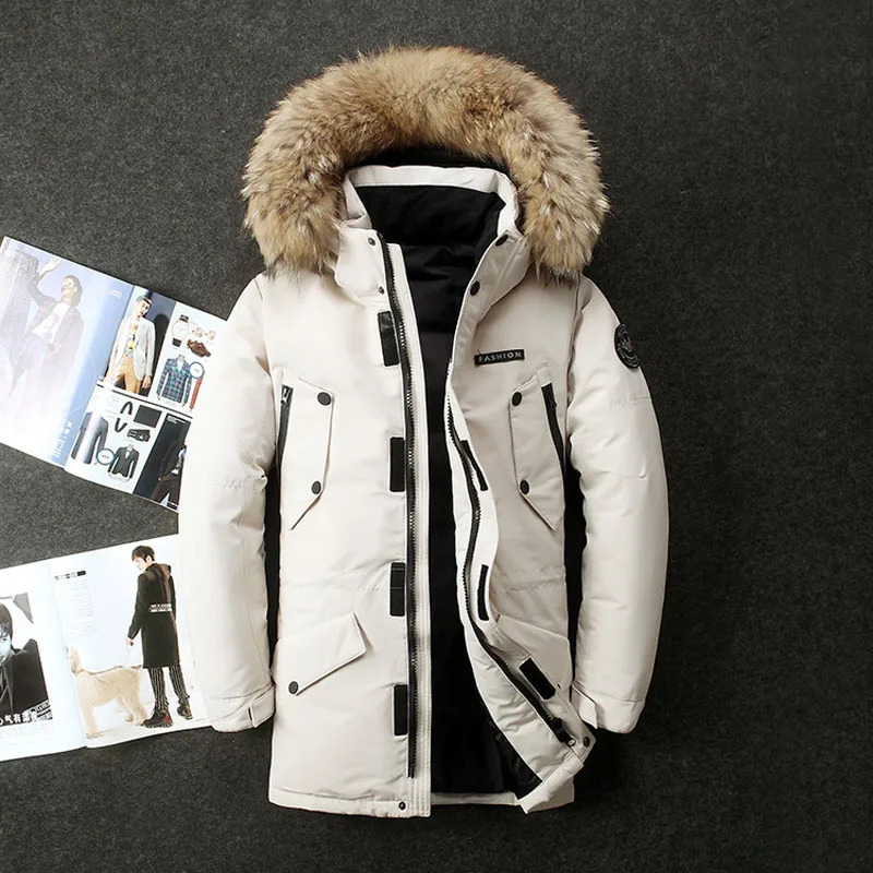 Men's Winter Thick Warm Windproof White Duck Down Jacket Down Outwear Coats Hooded Jacket Parkas Male Multi Pockets Overcoat