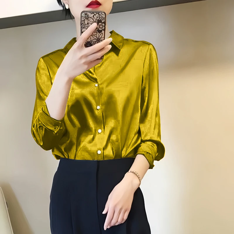 

Vintage Casual Top French Elegant Women Satin Glossy Shirt Summer Solid Loose Long Sleeve Blouses Office Lady's All-Match Shirt