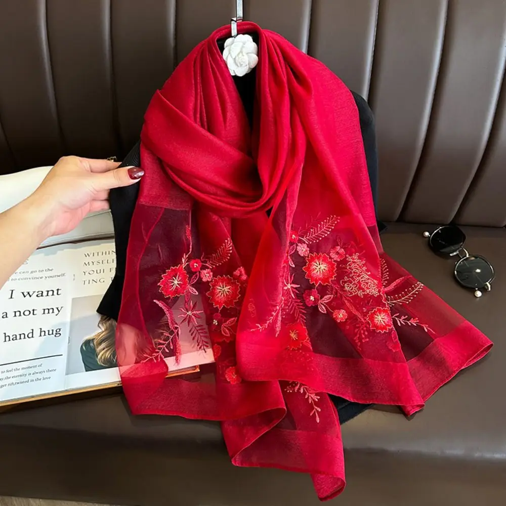 Luxury Embroidery Flower Silk Scarf Shawls Transparent Sunscreen Mesh Neck Scarves Korean Style Neckerchief Outdoor