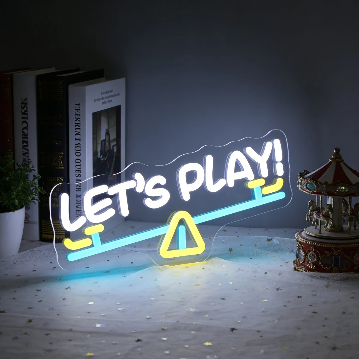 

Светодиодная неоновая вывеска «Let's Play» с милым дизайном качелей для детской комнаты, спальни, декора для вечеринок, яркое красочное настенное искусство, домашнее освещение, подарок