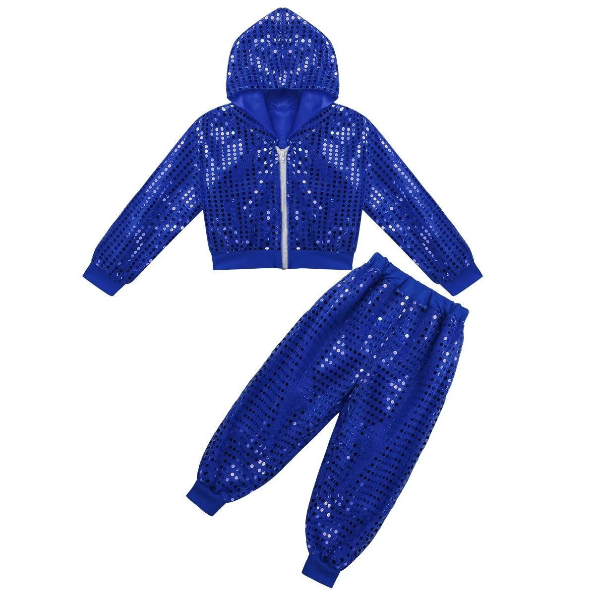 Mädchen Hip Hop Jazz Dance Outfits Pailletten Abgeschnitten Kapuzenjacke Hosen Set Kinder Street Dance Cheerleading Performance Kostüme
