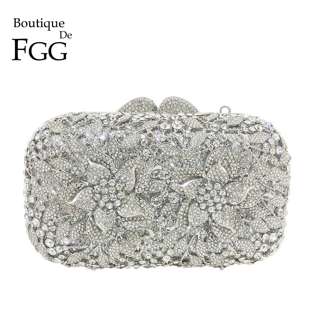 Boutique De FGG (in stock) Dazzling Silver Flower Women Crystal Clutch Evening Bags Wedding Party Minaudiere Handbag and Purse